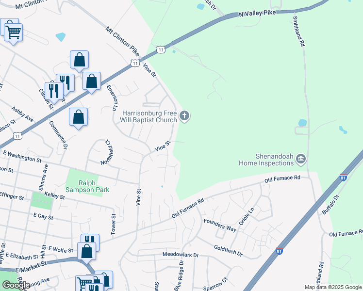 map of restaurants, bars, coffee shops, grocery stores, and more near 458 Leslie Court in Harrisonburg