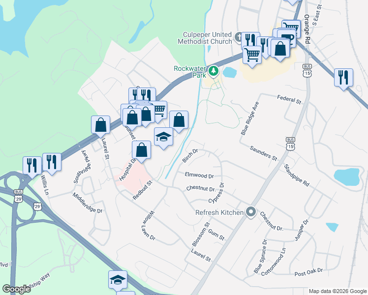 map of restaurants, bars, coffee shops, grocery stores, and more near 1854 Picadilly Circle in Culpeper