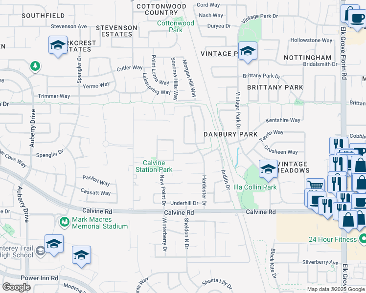 map of restaurants, bars, coffee shops, grocery stores, and more near 8276 Exbourne Circle in Sacramento