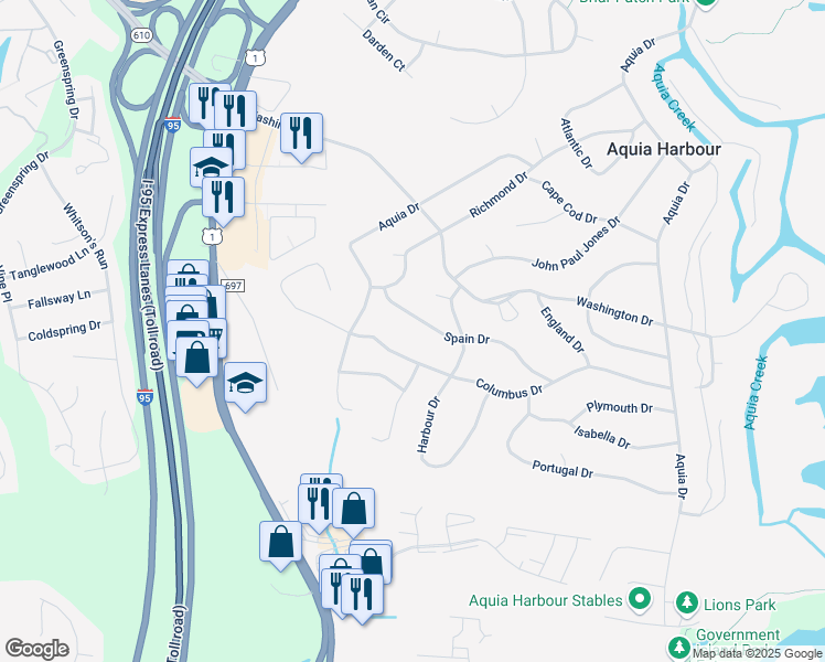 map of restaurants, bars, coffee shops, grocery stores, and more near 1013 Spain Drive in Stafford