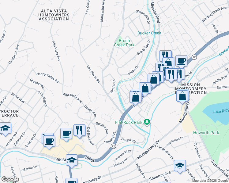 map of restaurants, bars, coffee shops, grocery stores, and more near 502 Jenifer Court in Santa Rosa
