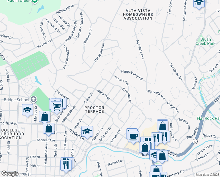 map of restaurants, bars, coffee shops, grocery stores, and more near 2422 Mendota Way in Santa Rosa