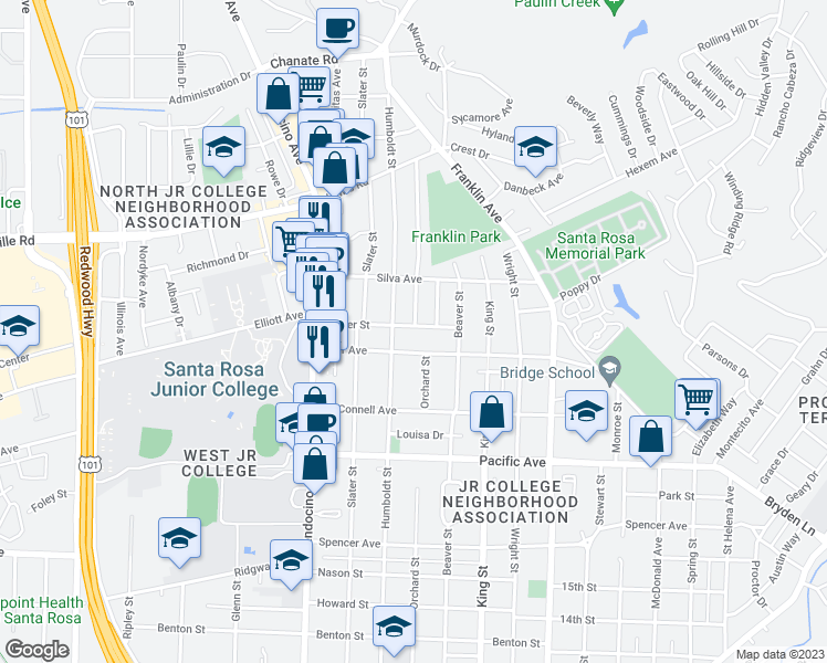 map of restaurants, bars, coffee shops, grocery stores, and more near 738 Dexter Street in Santa Rosa