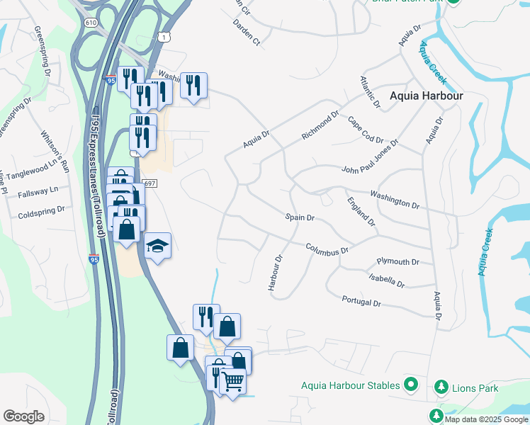 map of restaurants, bars, coffee shops, grocery stores, and more near 1013 Spain Drive in Stafford