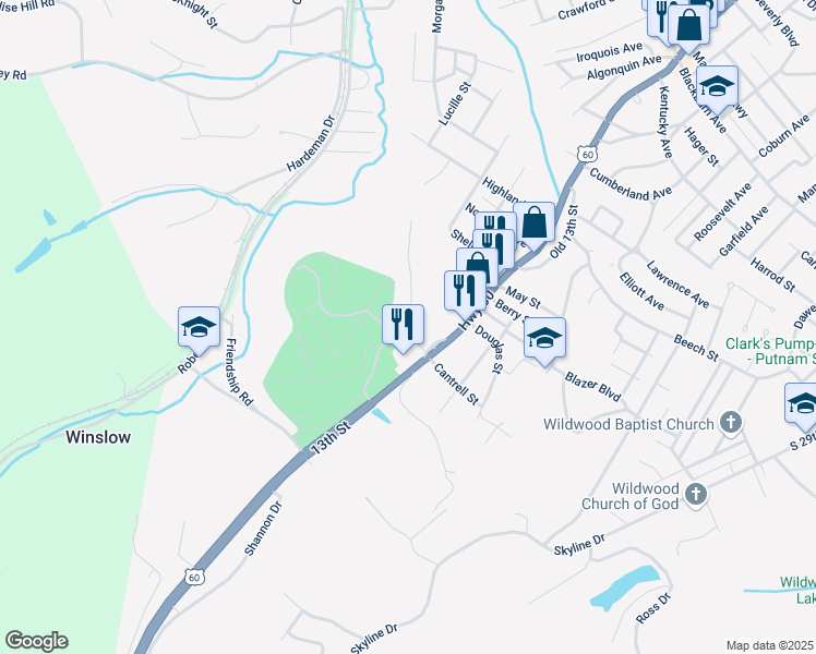 map of restaurants, bars, coffee shops, grocery stores, and more near 1203a Stella Drive in Ashland