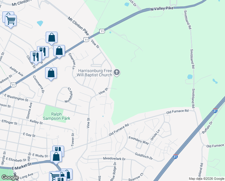 map of restaurants, bars, coffee shops, grocery stores, and more near 429 Leslie Court in Harrisonburg