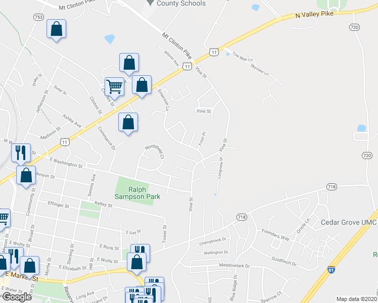 map of restaurants, bars, coffee shops, grocery stores, and more near 353 Emerson Lane in Harrisonburg