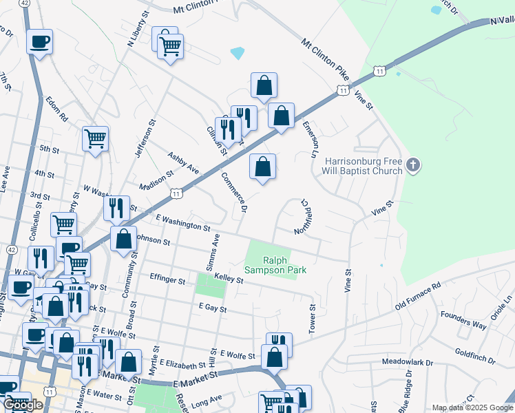 map of restaurants, bars, coffee shops, grocery stores, and more near 1012 Commercial Court in Harrisonburg