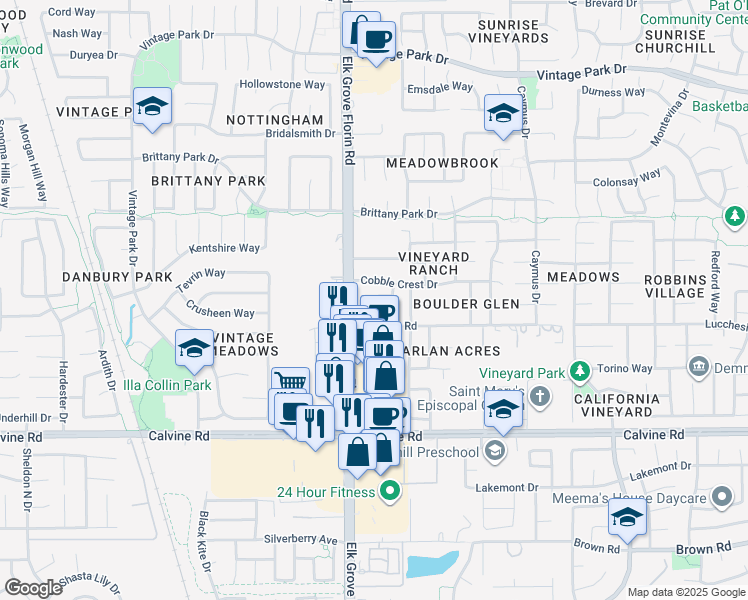 map of restaurants, bars, coffee shops, grocery stores, and more near 8981 Great Rock Circle in Sacramento