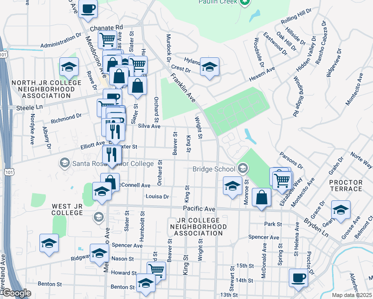 map of restaurants, bars, coffee shops, grocery stores, and more near 1725 King Street in Santa Rosa