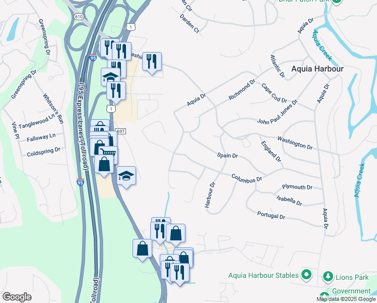 map of restaurants, bars, coffee shops, grocery stores, and more near 1004 Columbus Drive in Stafford