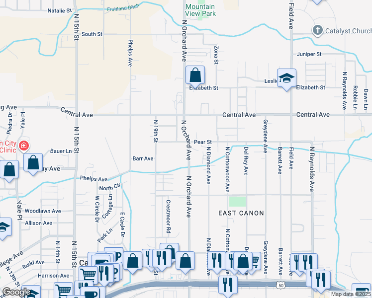map of restaurants, bars, coffee shops, grocery stores, and more near 619 North Orchard Avenue in Cañon City