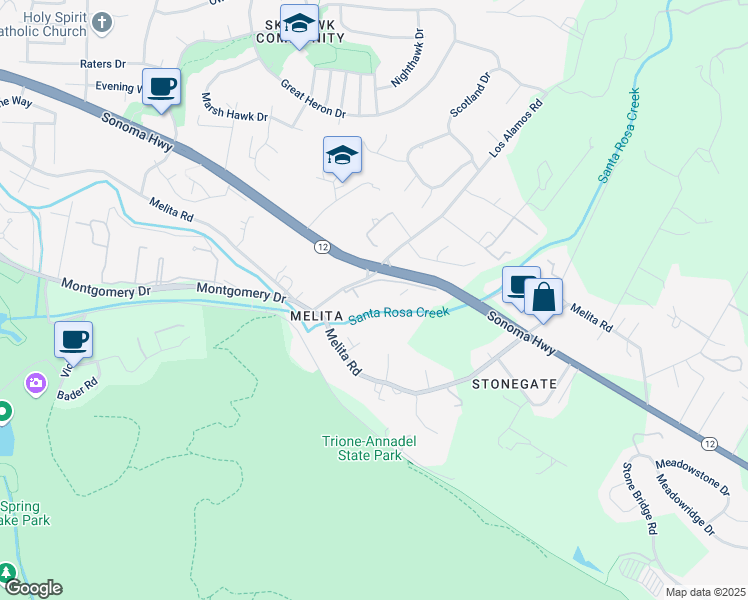 map of restaurants, bars, coffee shops, grocery stores, and more near 240 Los Alamos Road in Santa Rosa