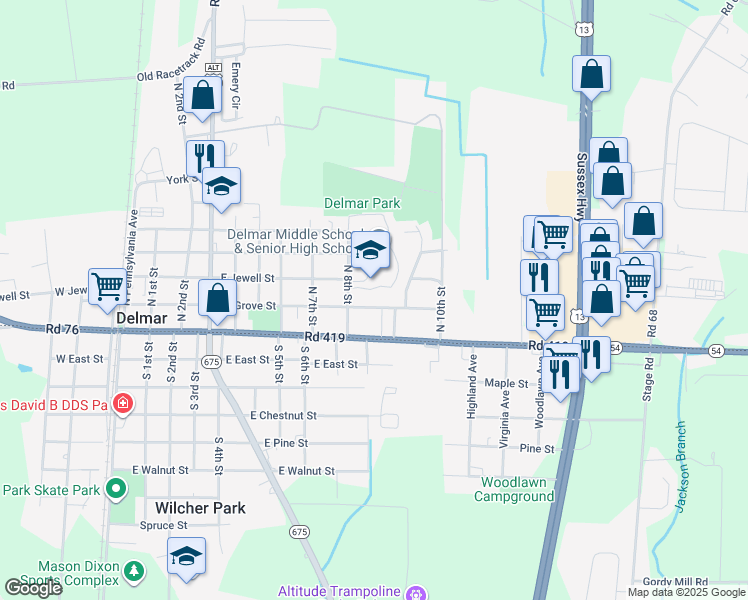 map of restaurants, bars, coffee shops, grocery stores, and more near 809 East Grove Street in Delmar