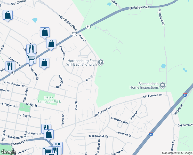 map of restaurants, bars, coffee shops, grocery stores, and more near 436 Leslie Court in Harrisonburg