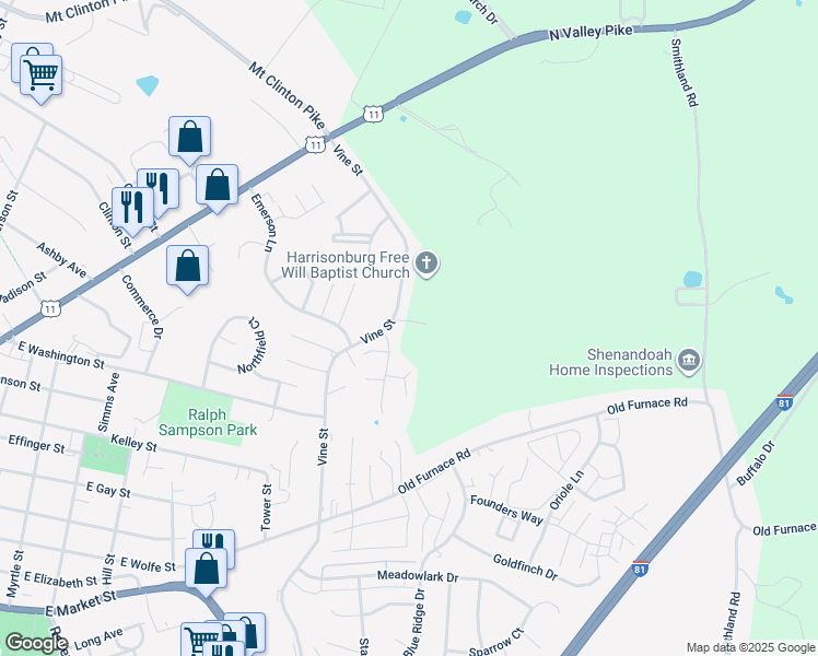 map of restaurants, bars, coffee shops, grocery stores, and more near 436 Leslie Court in Harrisonburg