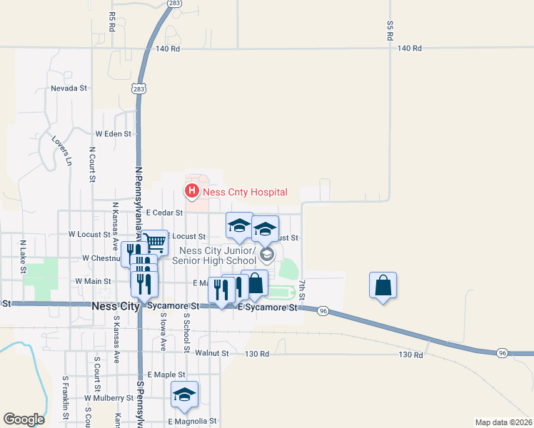 map of restaurants, bars, coffee shops, grocery stores, and more near 660 East Cedar Street in Ness City