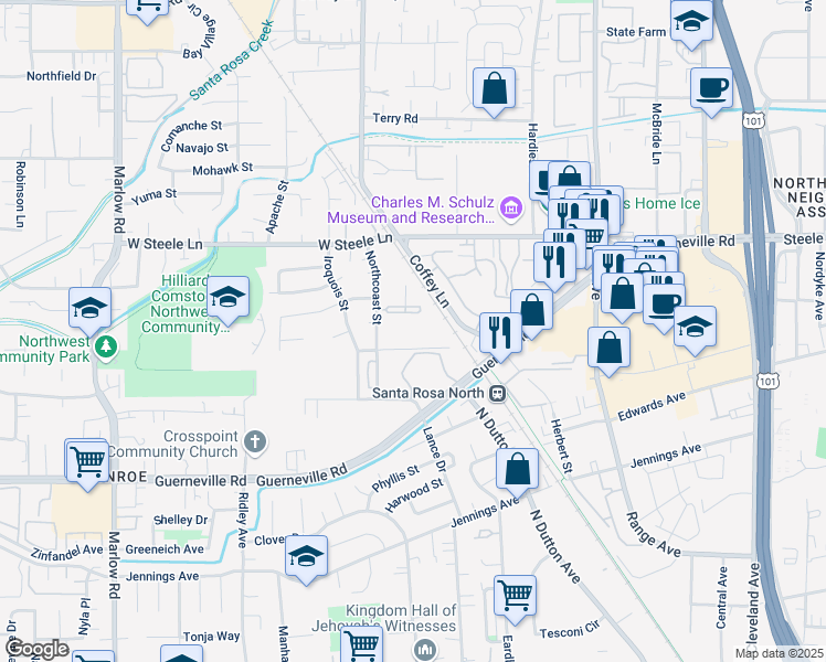 map of restaurants, bars, coffee shops, grocery stores, and more near 2600 Northcoast Street in Santa Rosa