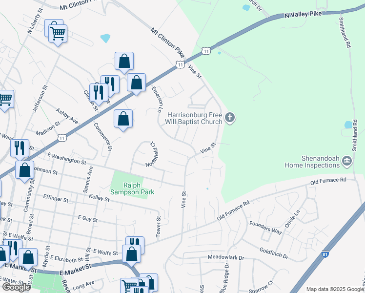 map of restaurants, bars, coffee shops, grocery stores, and more near 353 Emerson Lane in Harrisonburg