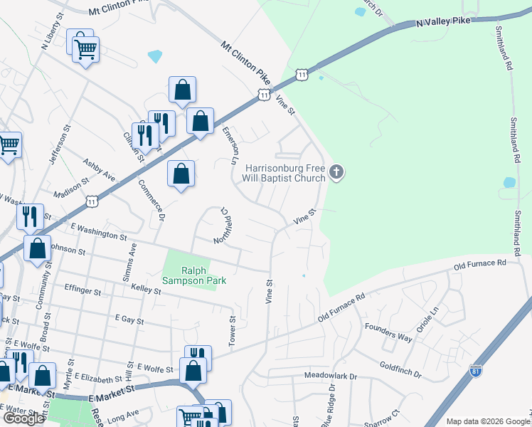 map of restaurants, bars, coffee shops, grocery stores, and more near 353 Emerson Lane in Harrisonburg