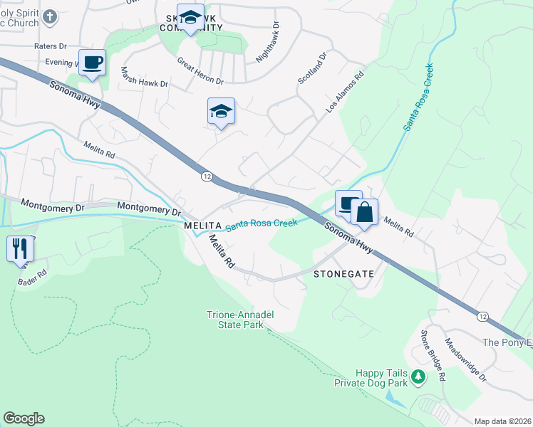 map of restaurants, bars, coffee shops, grocery stores, and more near 336 Los Alamos Road in Santa Rosa