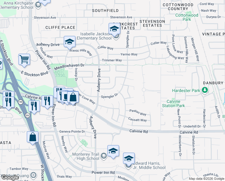 map of restaurants, bars, coffee shops, grocery stores, and more near 8278 Spengler Drive in Sacramento