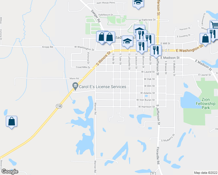 map of restaurants, bars, coffee shops, grocery stores, and more near 614 West Elm Street in Millstadt