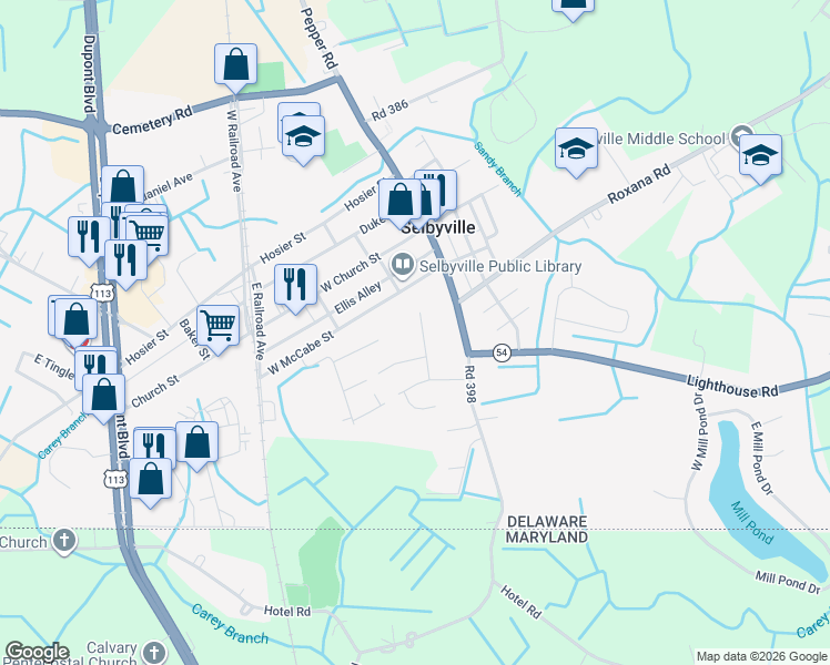 map of restaurants, bars, coffee shops, grocery stores, and more near 10 Waterford Lane in Selbyville