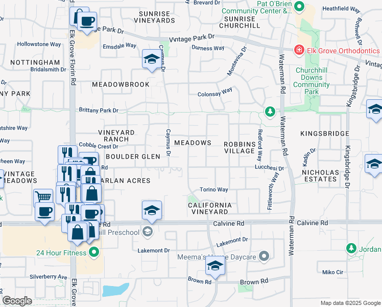 map of restaurants, bars, coffee shops, grocery stores, and more near 9111 Kristina Court in Sacramento