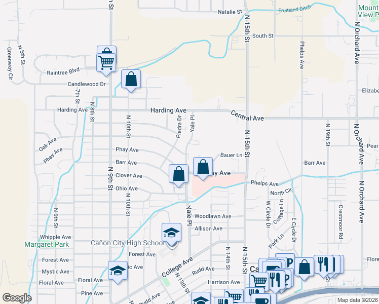 map of restaurants, bars, coffee shops, grocery stores, and more near 1115-1199 Oak Ave in Cañon City