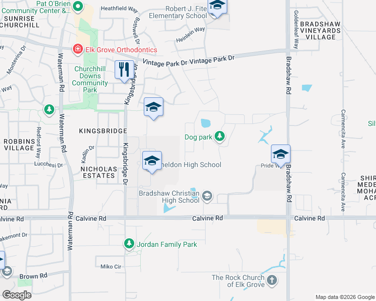 map of restaurants, bars, coffee shops, grocery stores, and more near 8333 Kingsbridge Drive in Sacramento