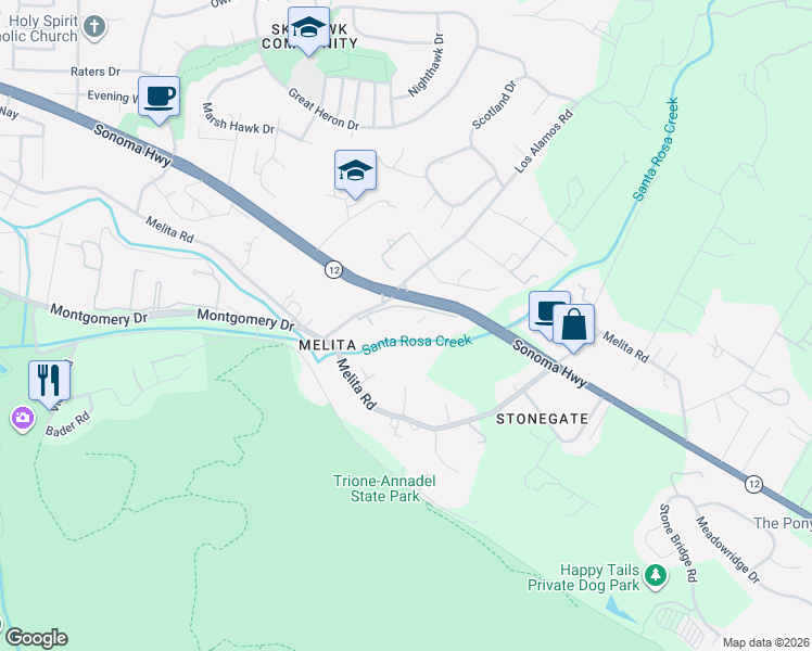 map of restaurants, bars, coffee shops, grocery stores, and more near 258 Los Alamos Road in Santa Rosa