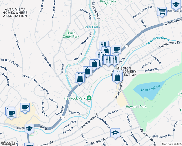 map of restaurants, bars, coffee shops, grocery stores, and more near 4201 Sonoma Highway in Santa Rosa