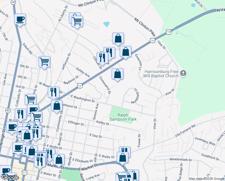 map of restaurants, bars, coffee shops, grocery stores, and more near 1012 Commercial Court in Harrisonburg
