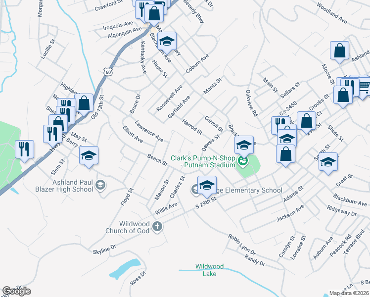 map of restaurants, bars, coffee shops, grocery stores, and more near Ranch Ct in Ashland