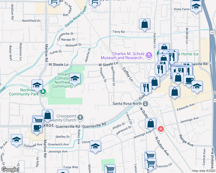 map of restaurants, bars, coffee shops, grocery stores, and more near 2450 Iroquois Street in Santa Rosa