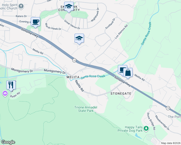 map of restaurants, bars, coffee shops, grocery stores, and more near 258 Los Alamos Road in Santa Rosa