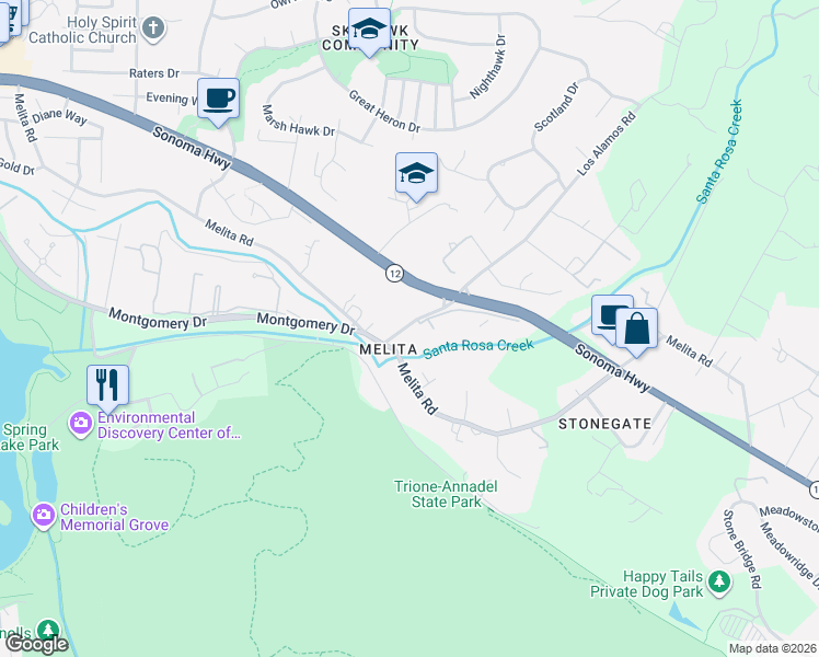 map of restaurants, bars, coffee shops, grocery stores, and more near 212 Los Alamos Road in Santa Rosa