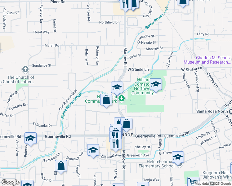 map of restaurants, bars, coffee shops, grocery stores, and more near 2603 Marlow Road in Santa Rosa