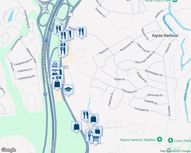 map of restaurants, bars, coffee shops, grocery stores, and more near 1000 Columbus Drive in Stafford