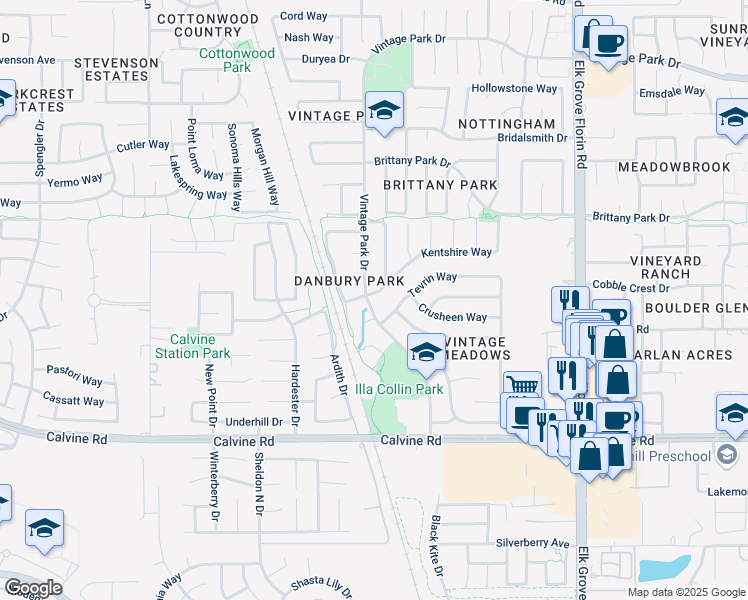 map of restaurants, bars, coffee shops, grocery stores, and more near 8293 Tevrin Way in Sacramento