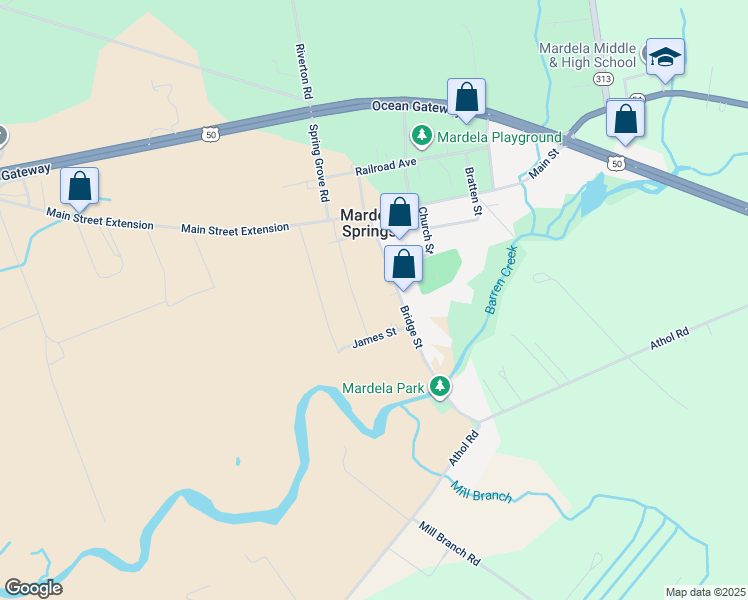 map of restaurants, bars, coffee shops, grocery stores, and more near 107 James Street in Mardela Springs