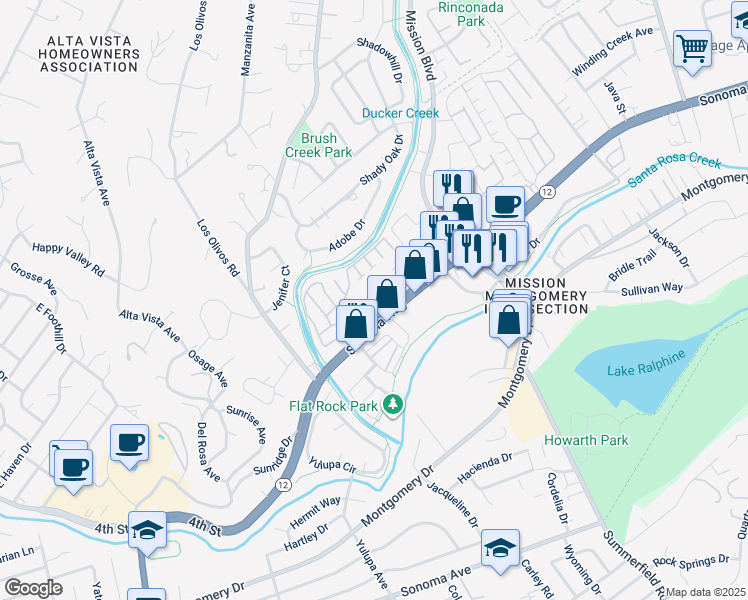 map of restaurants, bars, coffee shops, grocery stores, and more near 4201 Sonoma Highway in Santa Rosa