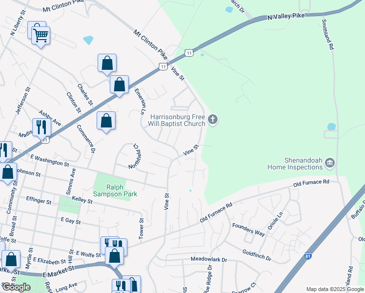 map of restaurants, bars, coffee shops, grocery stores, and more near 480 Vine Street in Harrisonburg