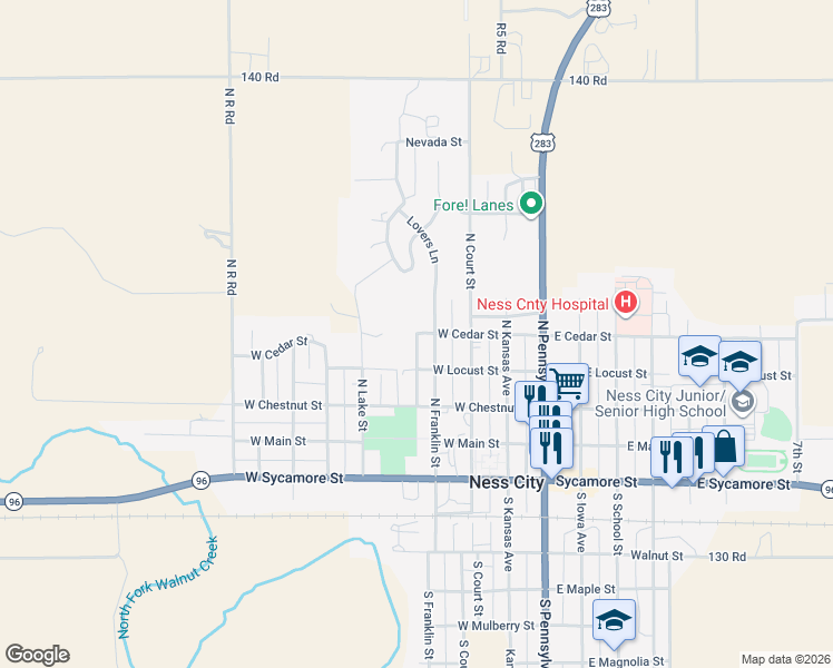 map of restaurants, bars, coffee shops, grocery stores, and more near West Cedar Street in Ness City