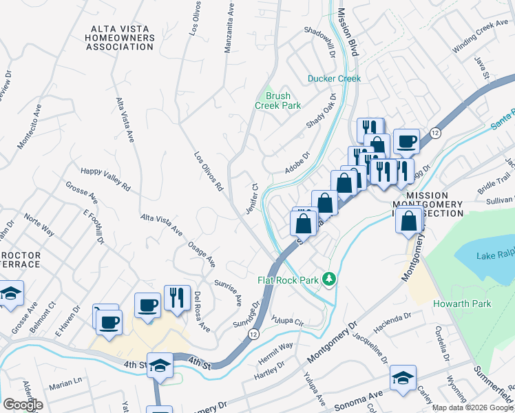 map of restaurants, bars, coffee shops, grocery stores, and more near 502 Jenifer Court in Santa Rosa
