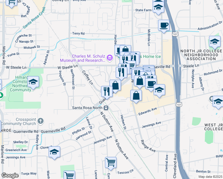 map of restaurants, bars, coffee shops, grocery stores, and more near 1457 Guerneville Road in Santa Rosa