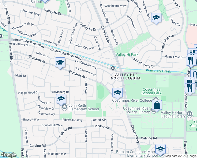 map of restaurants, bars, coffee shops, grocery stores, and more near 6120 Ehrhardt Avenue in Sacramento