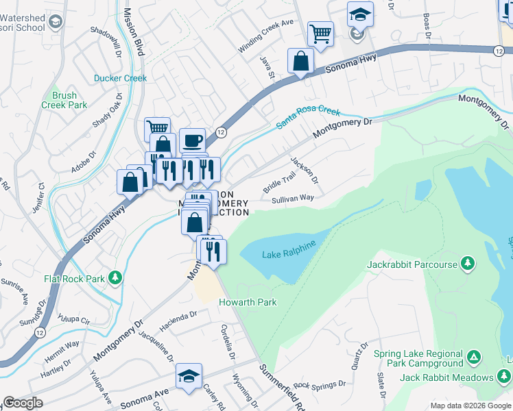 map of restaurants, bars, coffee shops, grocery stores, and more near 4560 Sullivan Court in Santa Rosa