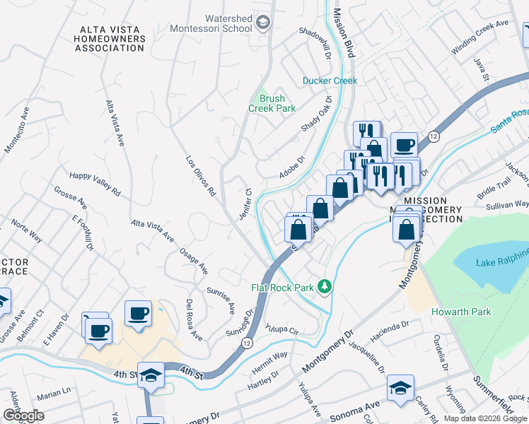 map of restaurants, bars, coffee shops, grocery stores, and more near 123 Kentwood Lane in Santa Rosa